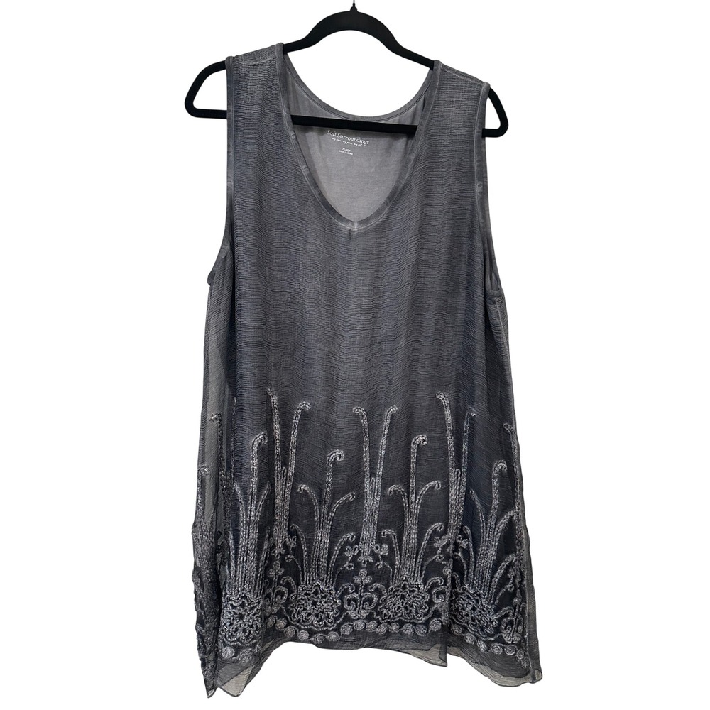 Soft Surroundings Womans Silk Sequin Embroidered Tunic Top Gray Sz XL Artsy Boho